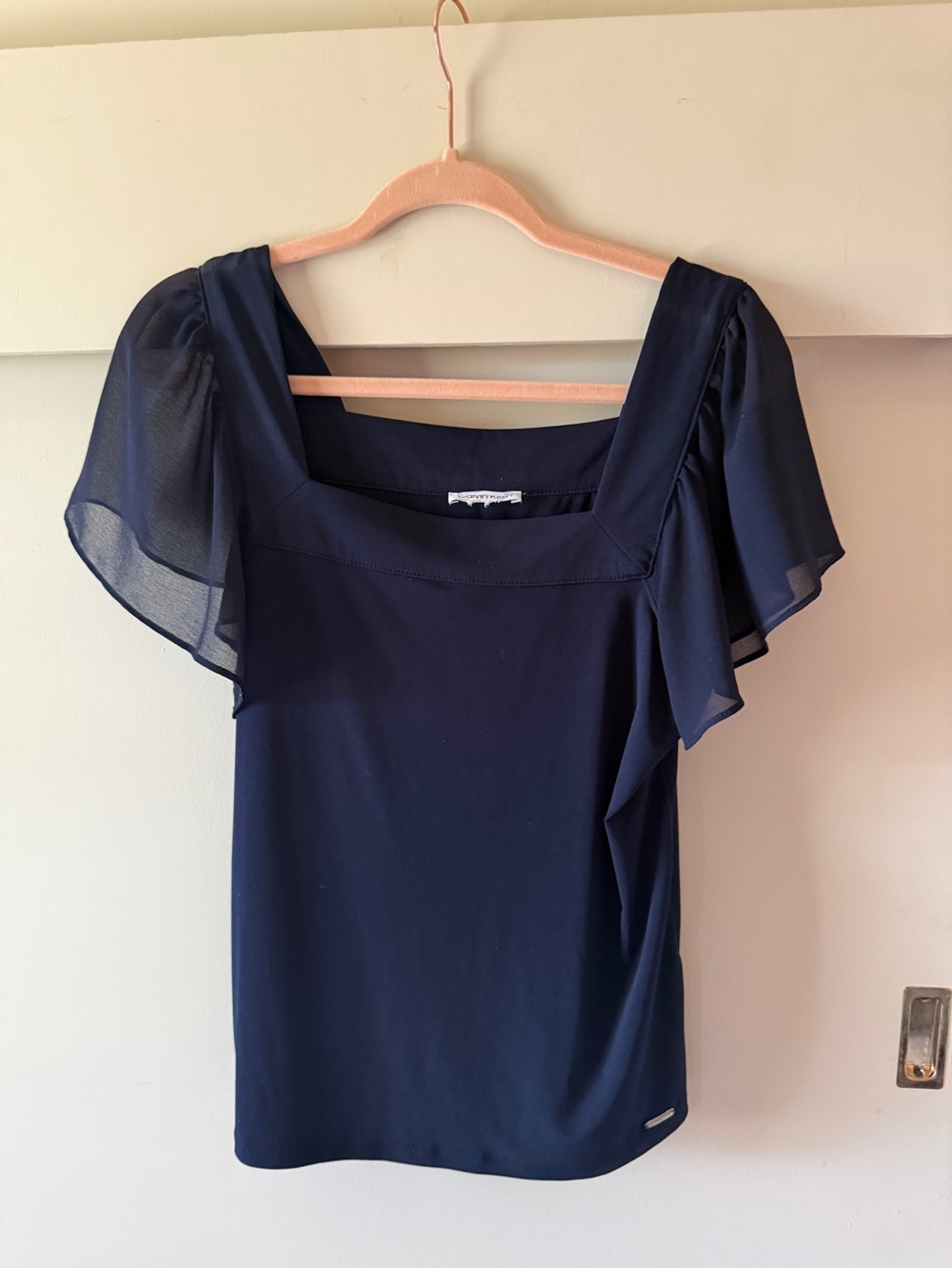 Calvin Klein Navy Square Neck Flutter-Sleeve Blouse